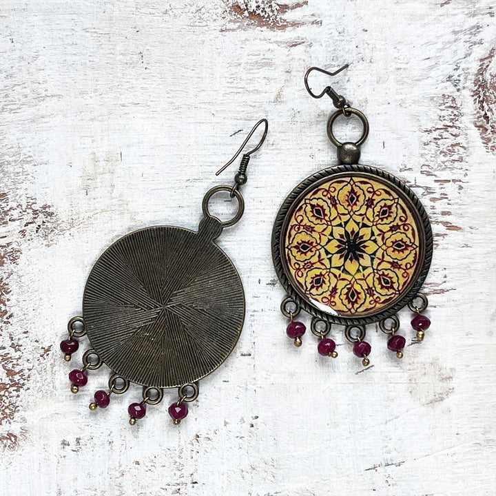Yellow Floral Queen’s Dome Mandala Metal Earrings