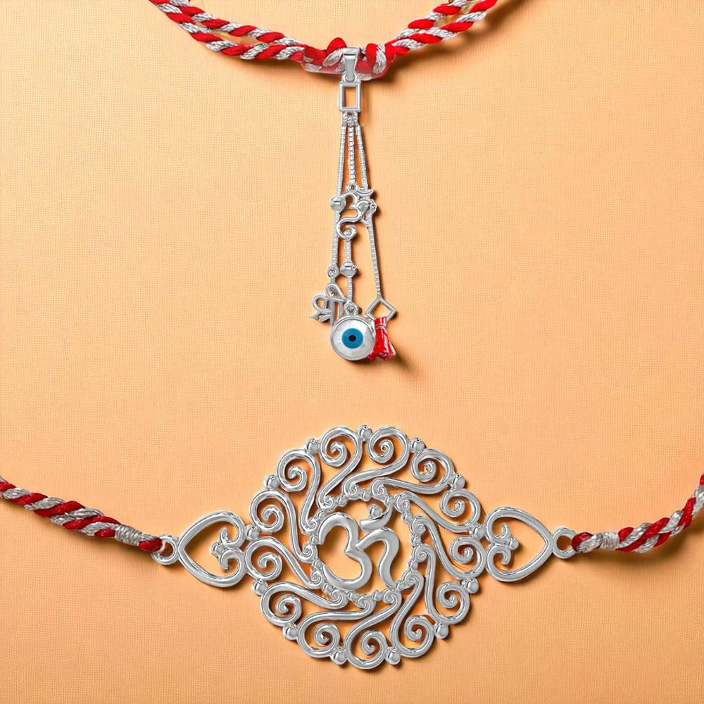 Handmade Om And Evil Eye Religious Silver Bhaiya Bhabhi Rakhi - Two Bracelets Side-by-Side Close-up