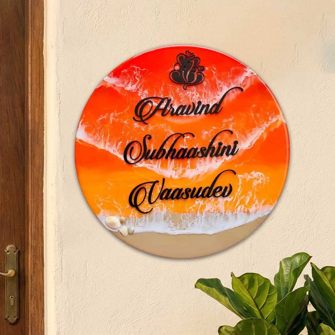 Orange And Black Personalized Ocean Effect Round Resin Name Plate | With 3D Acrylic Letters