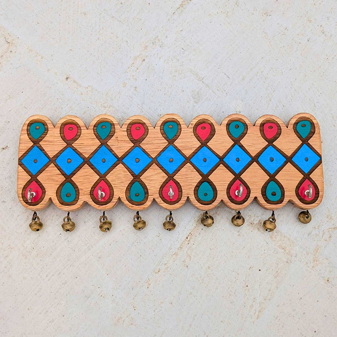 Hand-Painted Diamond Chain Kolam Rubber Wood Wall Key Holder with 5 Hooks and Bells