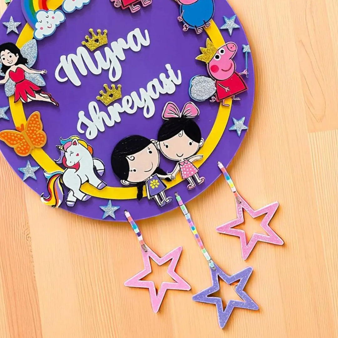 Personalized Fairy And Peppa Pig Theme MDF Wood Kids Name Plate For Sisters