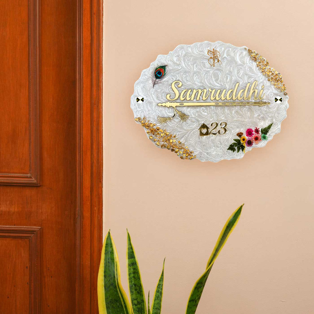 Personalized White Floral Theme Oval Resin And Acrylic Waterproof Name Plate - Mounted on Entryway Wall