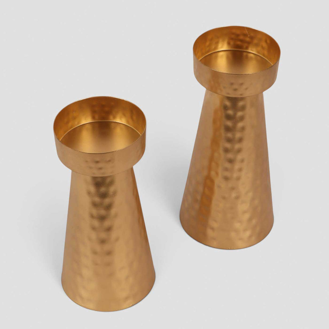 Set of 2 | Handmade Gold Hammered Cone Metal Tealight Holders For Festive Decor
