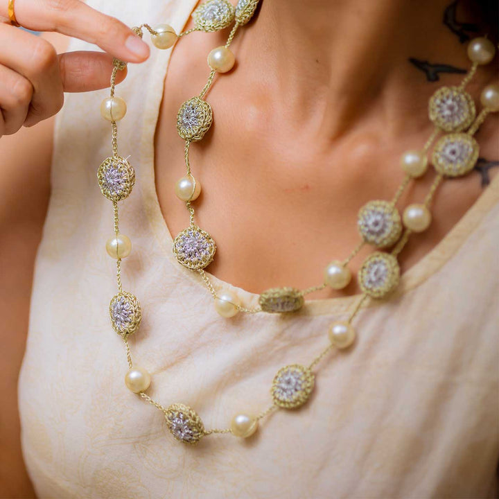 Handmade Crochet Gold Nakshatra Pearl Necklace
