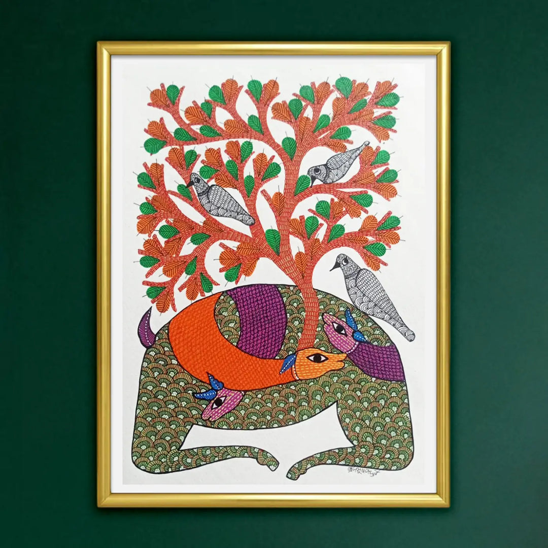 11 x 16 Inch | Deer with Tree & Birds | Original Hand Painted Tribal Gond Art Painting | Acrylic Paint On Paper