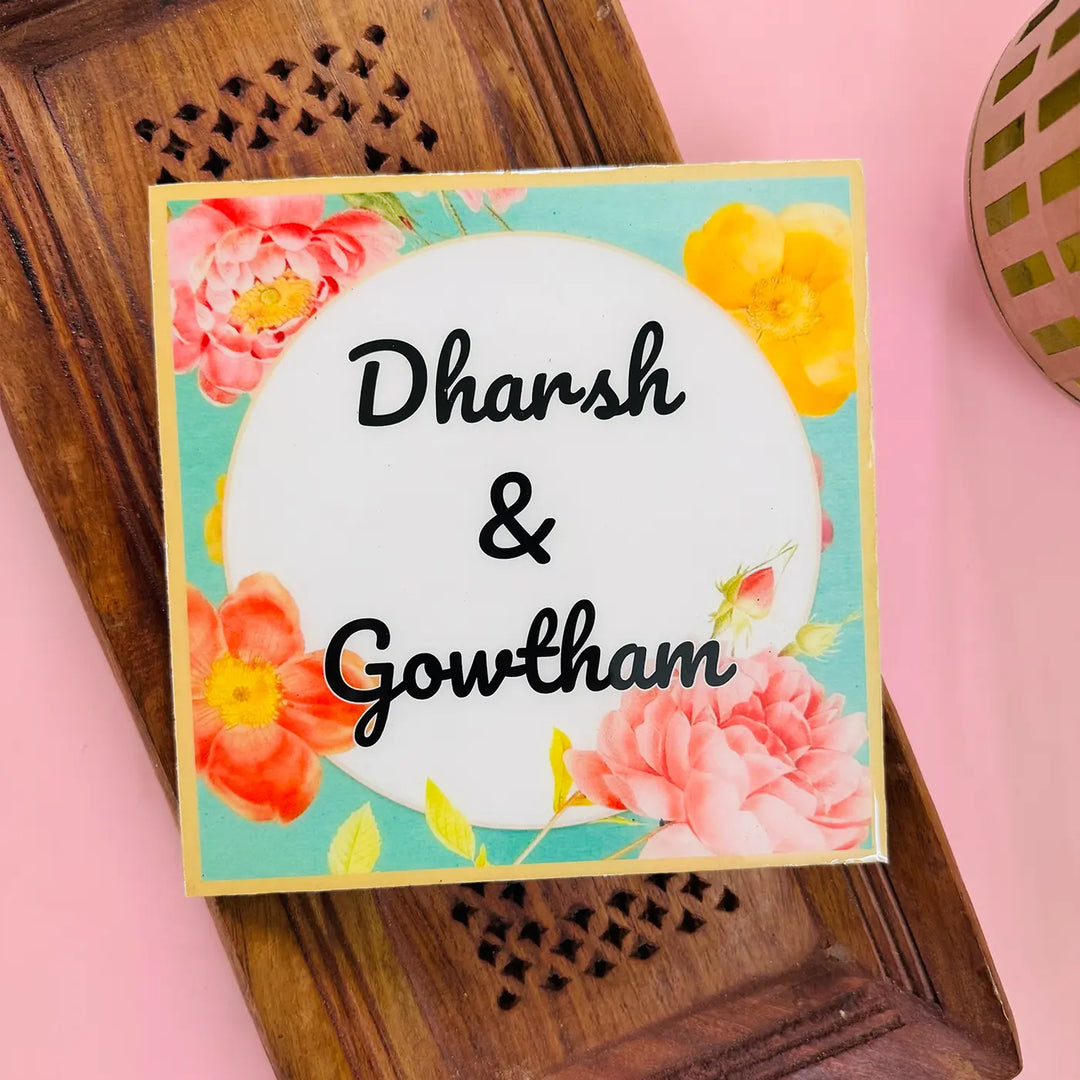 Multicolor Floral Personalized Printed Square Resin Name Plate