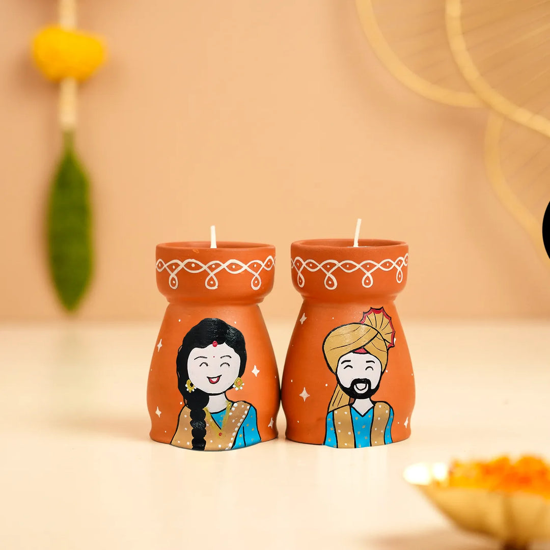 Hand-Painted Punjabi Couple Terracotta Tealight Holder | Set Of 2