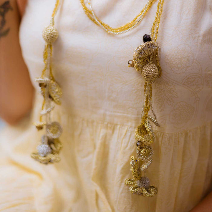 Handmade Crochet Shimmer Ornate Tassels Wrap Around Necklace