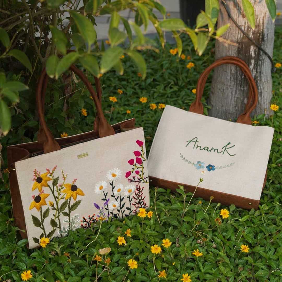 Personalized Hand Embroidered Garden Tote Bag
