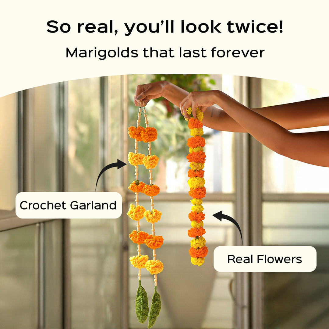 2 pc | Handmade Ashok Patta & Marigold Flower Crochet Hanging