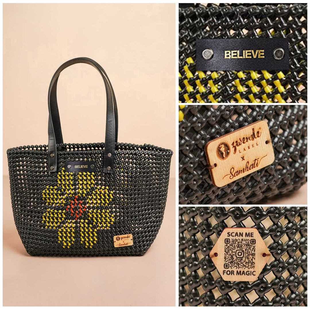 Black Side Flower Design Mukhya Knot Handmade Koodai Market Bag