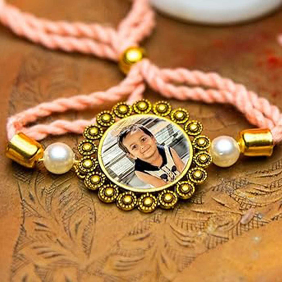 Photo Personalized Printed Beaded Memories Acrylic Rakhi - Close-up of personalized bracelet