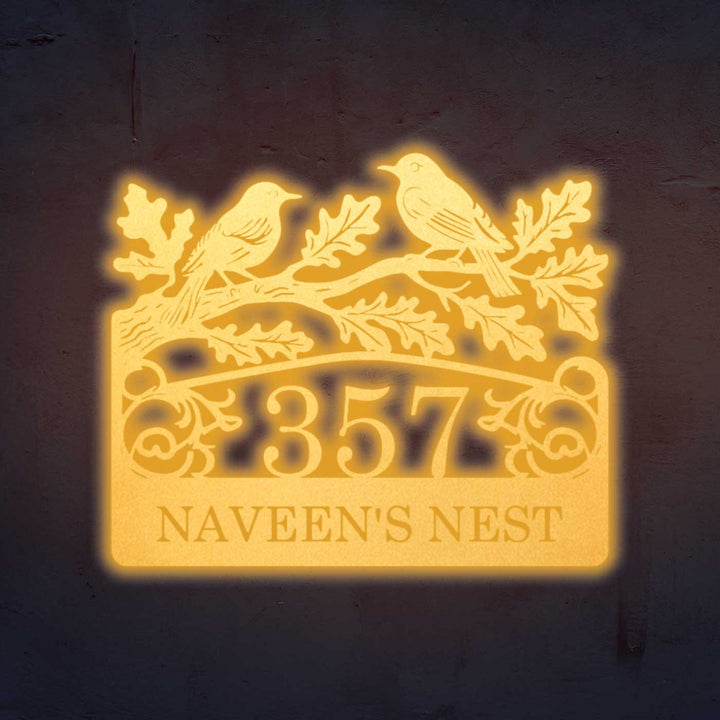 Personalized Laser Cut Birds Theme Steel Name Plate - Front View Showing Illuminated Detail