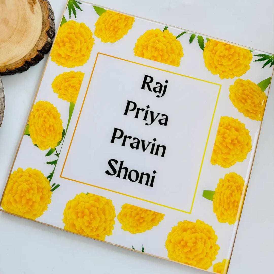Yellow Marigold Personalized Framed Square Resin Name Plate