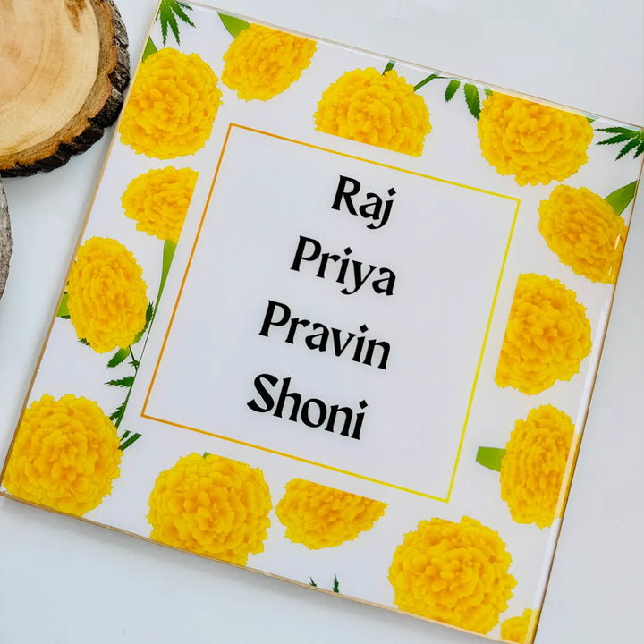 Yellow Marigold Personalized Framed Square Resin Name Plate