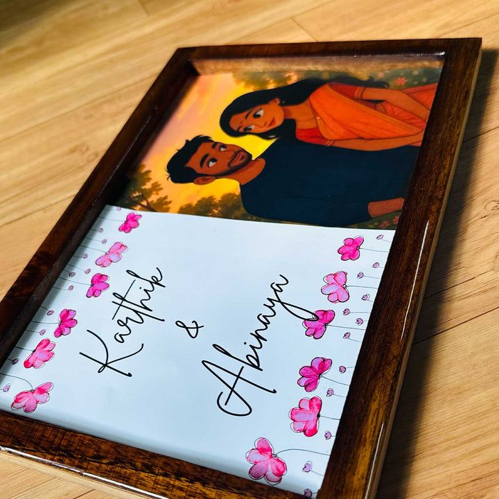 Couple With Floral Caricature Photo Personalized Resin Wooden Frame Name Plate