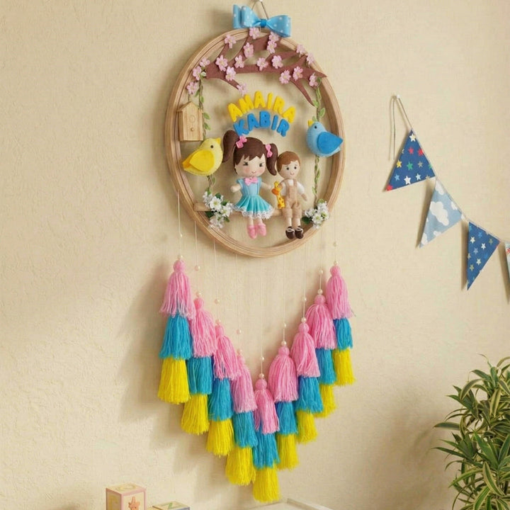 Personalized Spring Blossom Theme Kids Name Plate With Tassels For Siblings