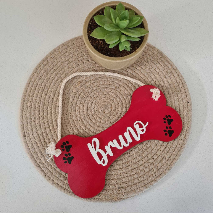 Personalized Red Bone Shaped MDF Wood Name Plate For Pets