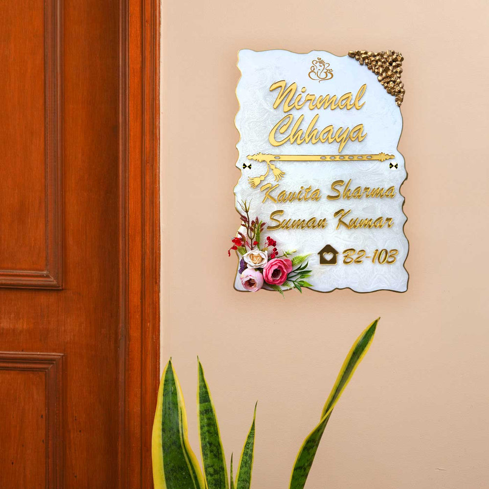 Personalized White Floral Theme Vertical Resin And Acrylic Waterproof Name Plate - Mounted on Wall Near Door