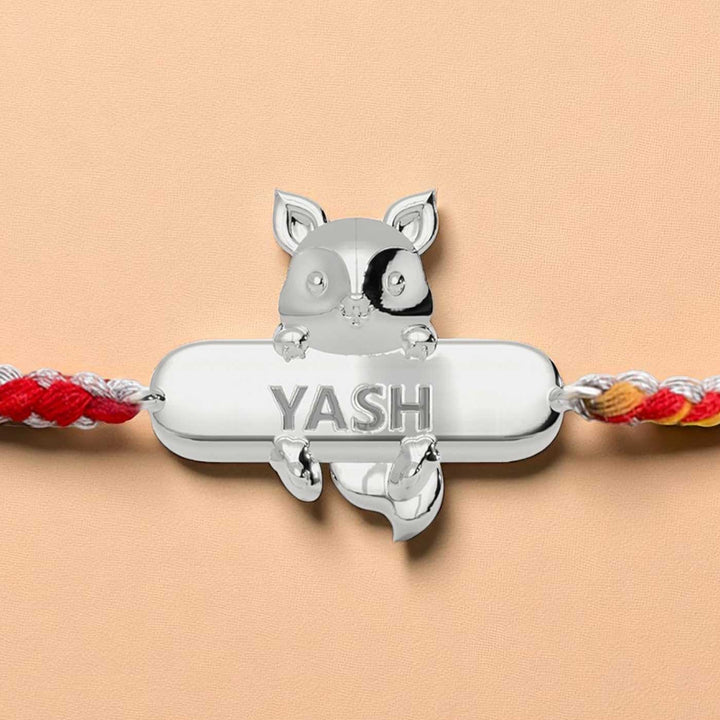Personalized Handmade Fox Design Silver Kids Rakhi - Close-up on Pendant