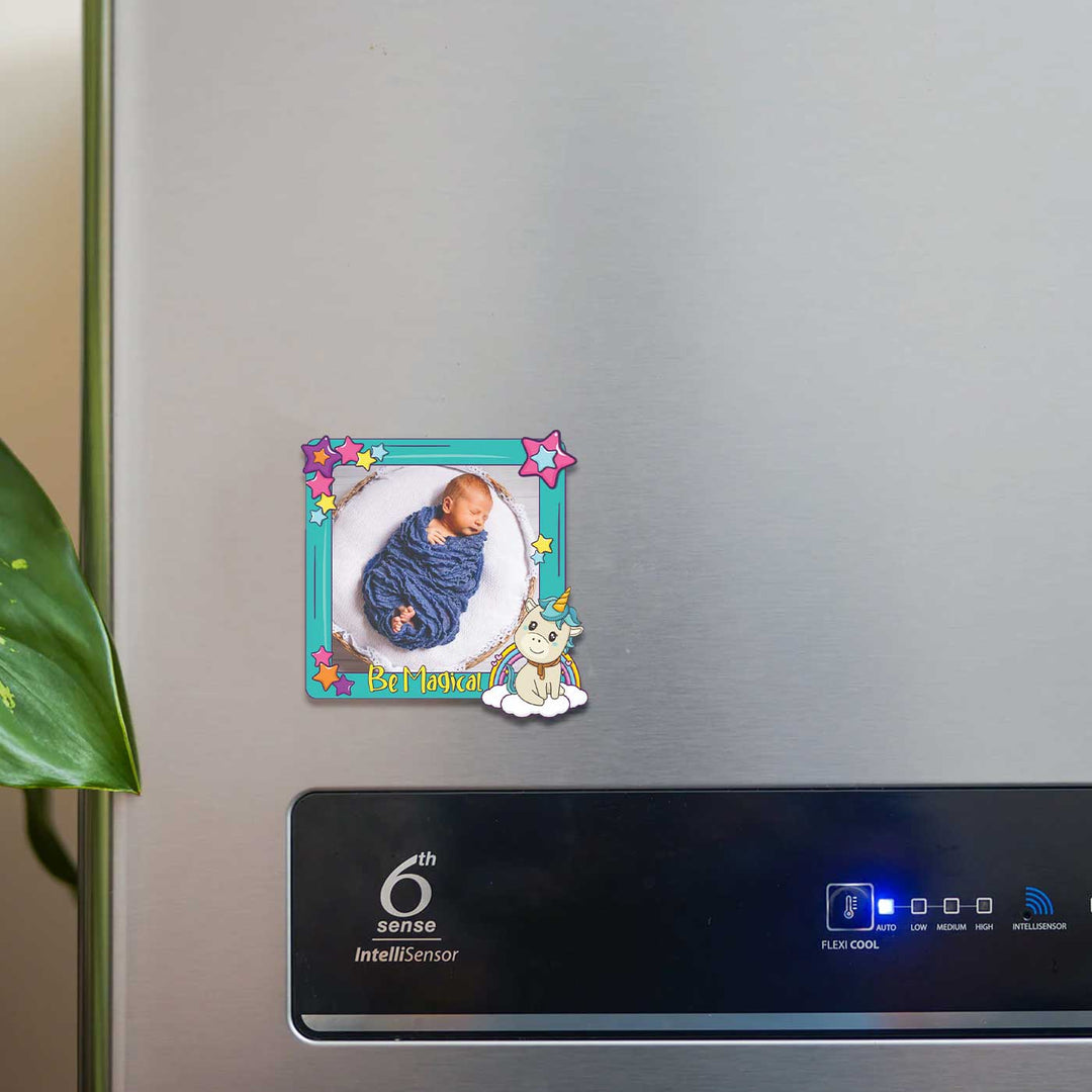 Photo Personalized Blue Unicorn Theme Wooden Fridge Magnet