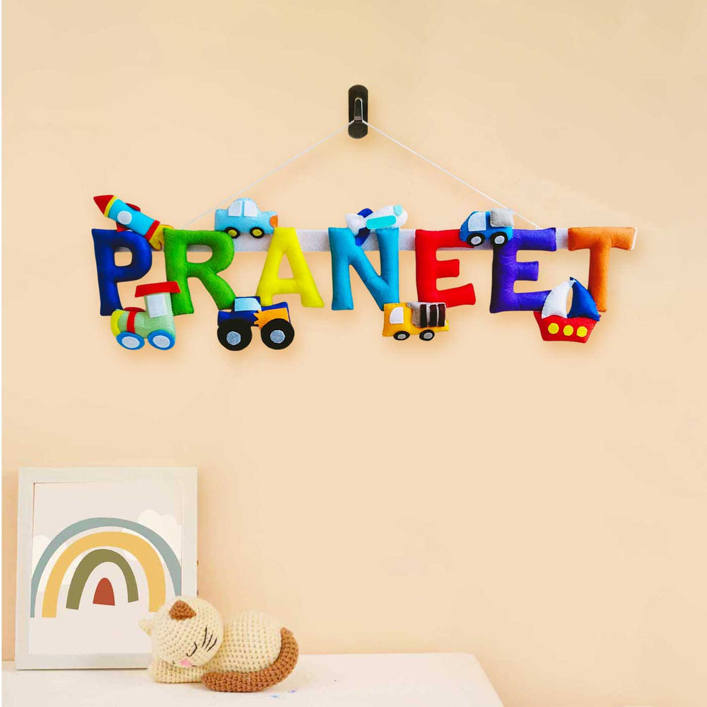 Personalized Transport Theme Felt Kids Name Plate 3 - Hanging Wall Display Front View