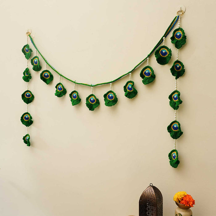 42 In | Handmade Peacock Feather Inspired Crochet Toran & Hanging Set | Set Of 3