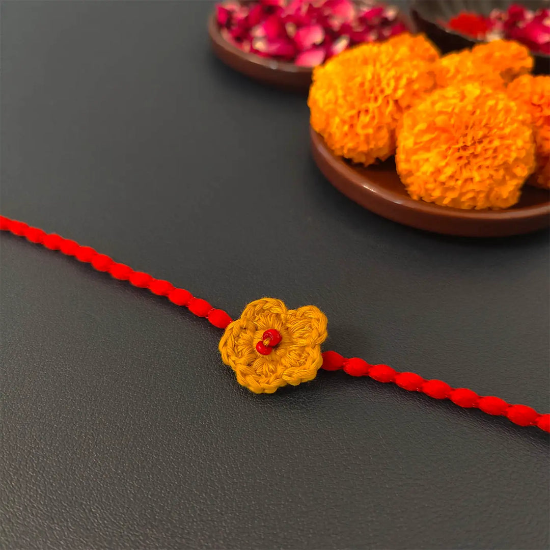 Handmade Crochet Flower Rakhi With Roli Chawal