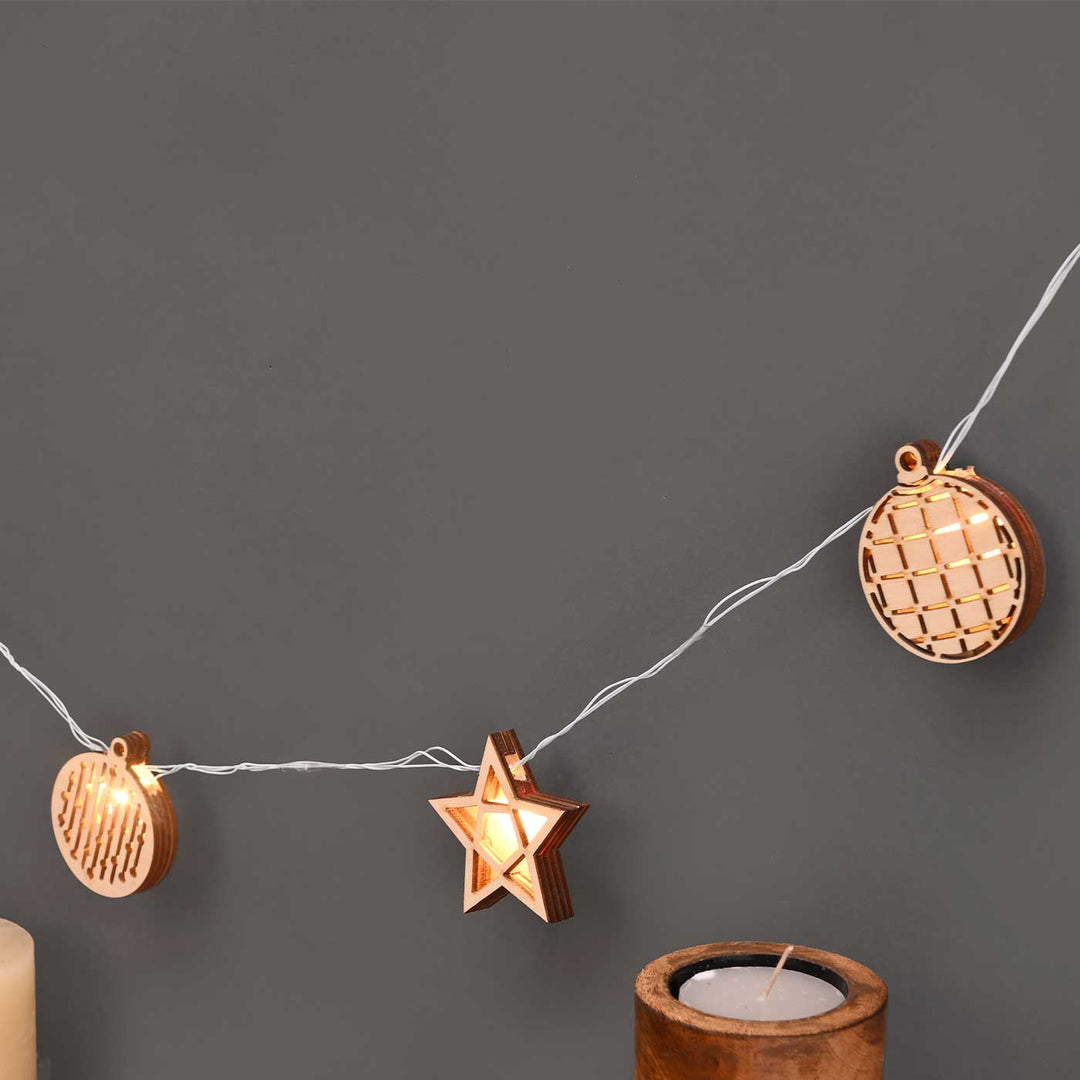3 m, 14 Bulbs | Decorative Birch Wood 3D Rio Star & Bobbles LED Fairy Light