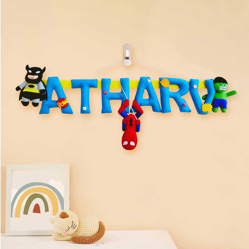 Personalized Super Hero Theme Felt Kids Name Plate - Hanging with Character Figures Display