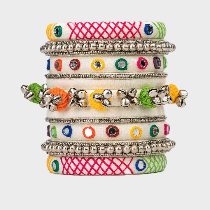 White Handcrafted Harika Ghungroo Embroidery Bangles | Set of 7