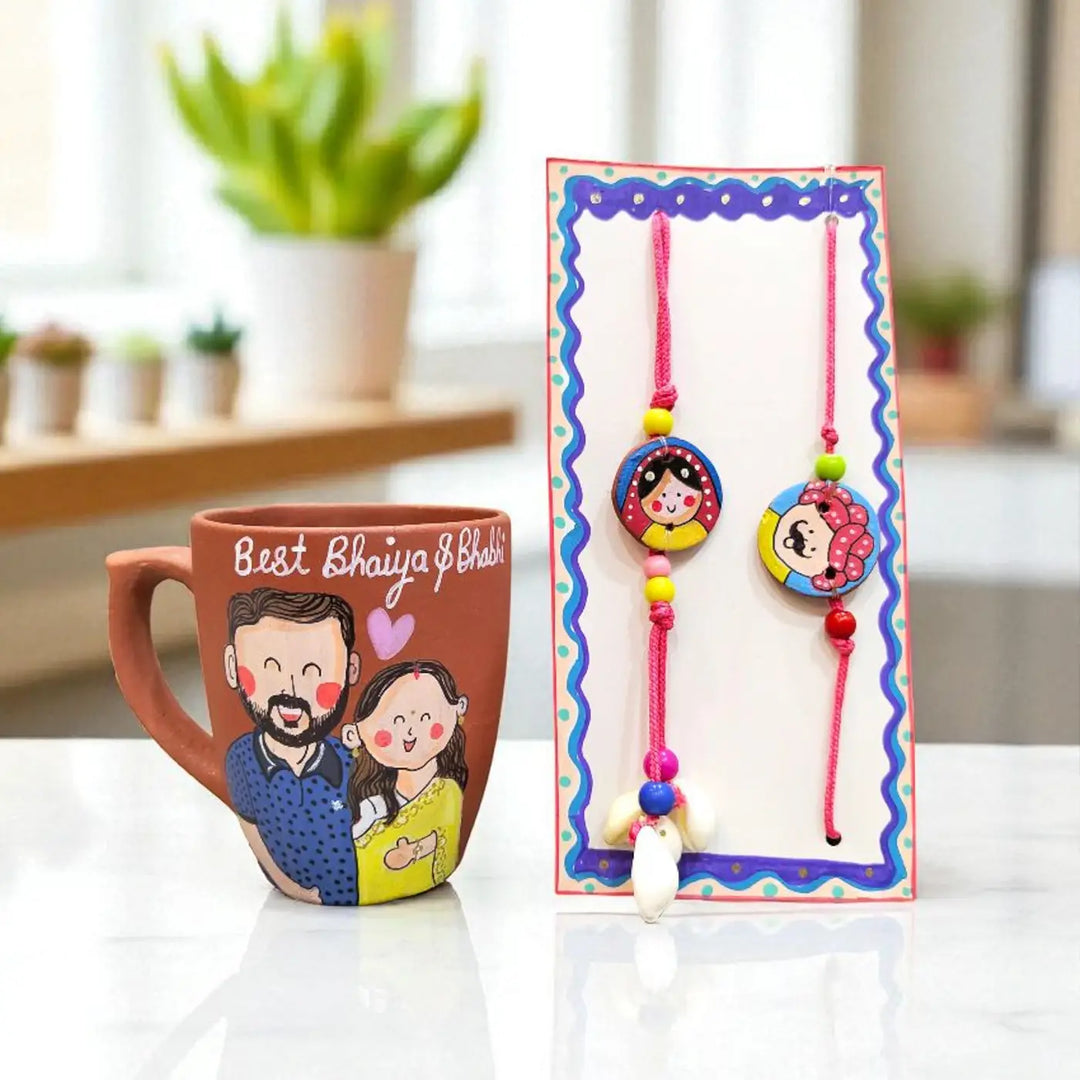 Photo Personalized Terracotta Rakhi Hamper For Bhaiya And Bhabhi | Includes 1 Mug, 2 Rakhis