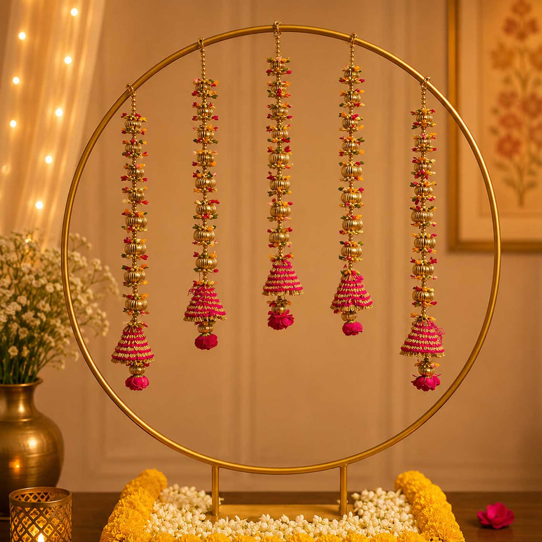 Pink Cone Tassel Golden Circular Backdrop Decor Kit with Bells