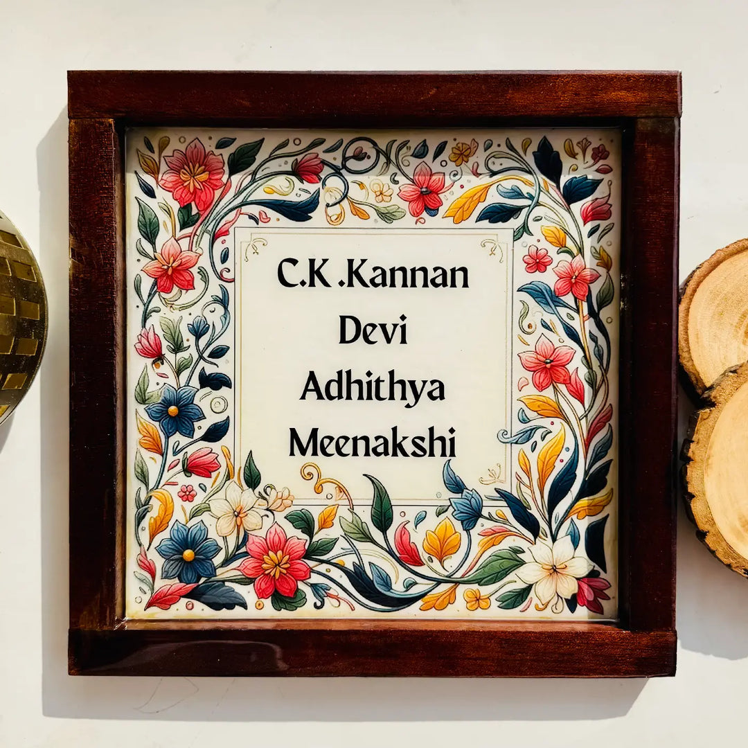 Multicolor Floral Personalized Framed Square Resin Name Plate