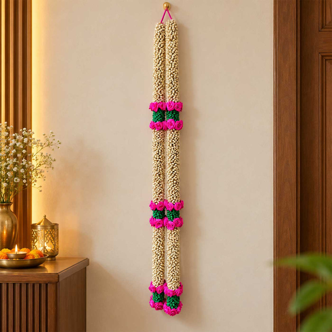2 Pc | Handcrafted Looped Palm Leaf Door Hanging With Floral Pattern - Green & Pink