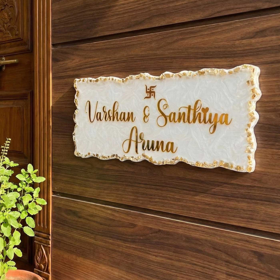 White & Gold Personalized Marble Effect Rectangle Resin Name Plate | With 3D Acrylic Letters & Gold Stone Embellishment