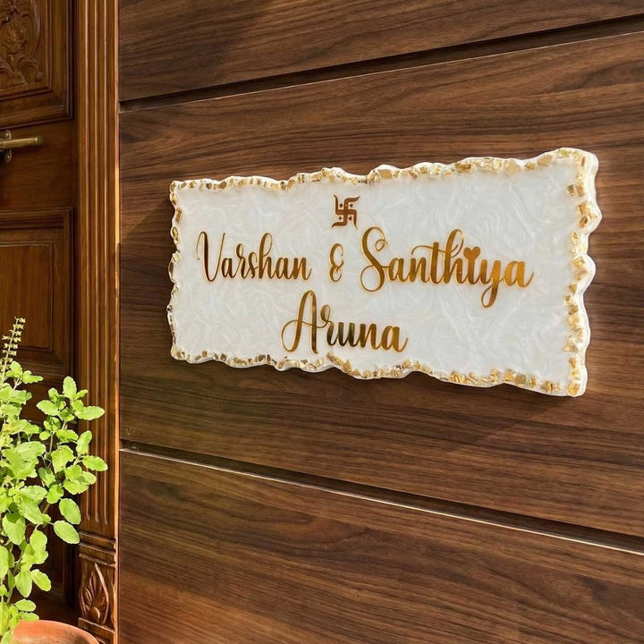 White & Gold Personalized Marble Effect Rectangle Resin Name Plate | With 3D Acrylic Letters & Gold Stone Embellishment