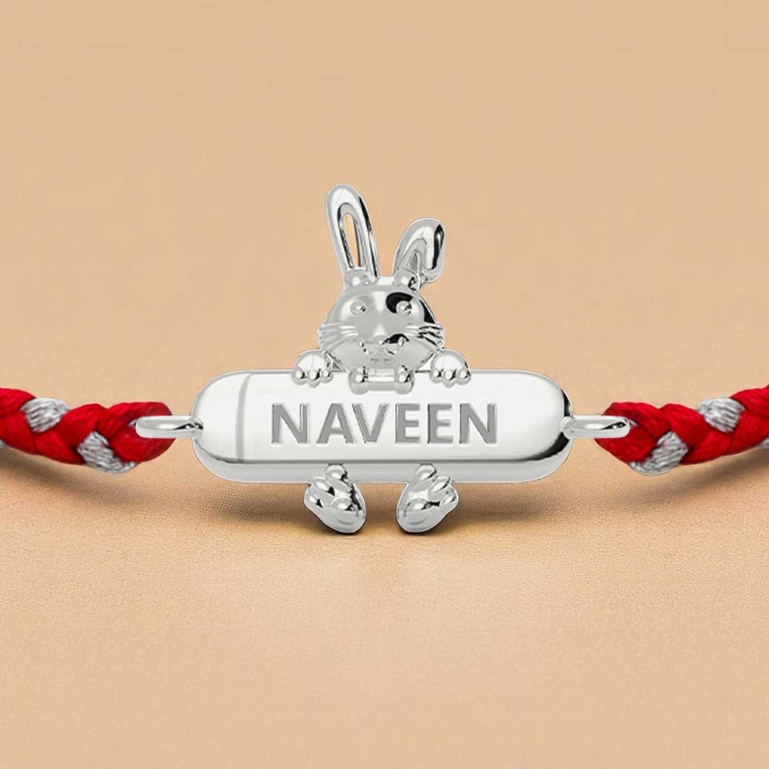 Personalized Handmade Bunny Design Silver Kids Rakhi - Name Plate and Thread Detail Close-up