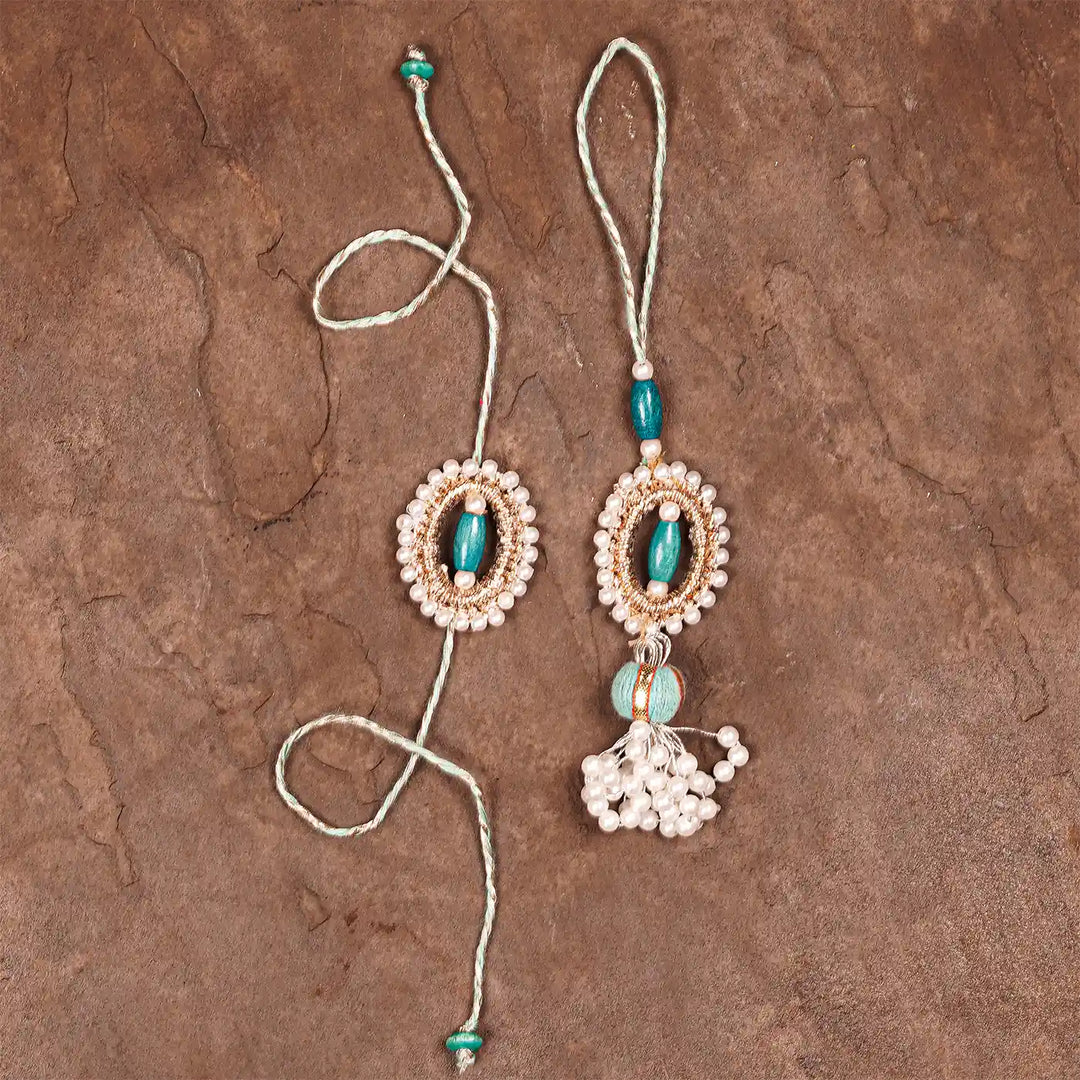 Handmade Beaded Subh Moti Bhaiya Bhabhi Rakhi With Roli Chawal Set Of 2 - Flat Lay Full Length