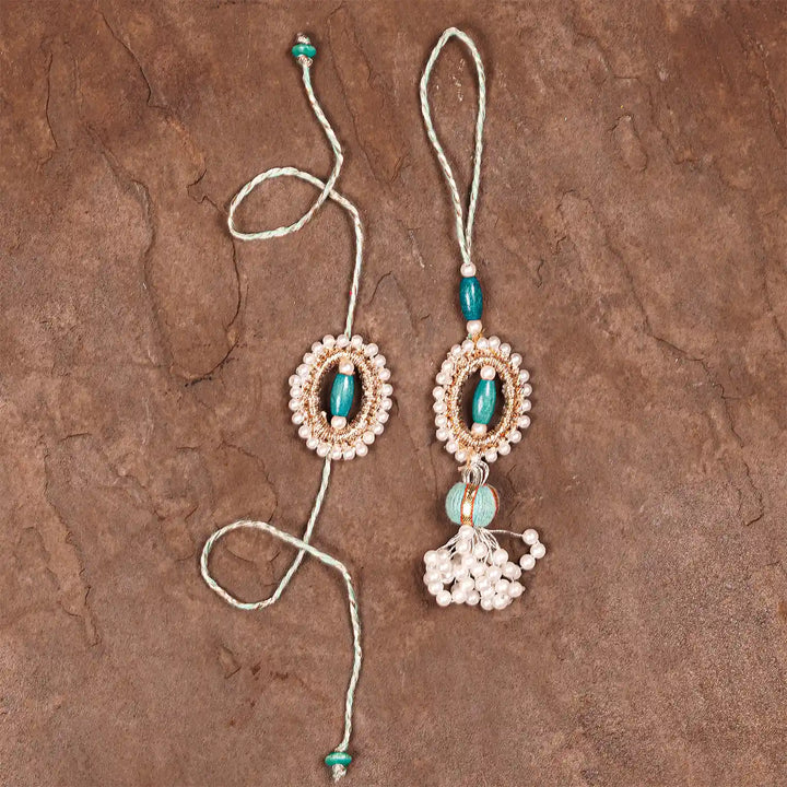 Handmade Beaded Subh Moti Bhaiya Bhabhi Rakhi With Roli Chawal Set Of 2 - Flat Lay Full Length