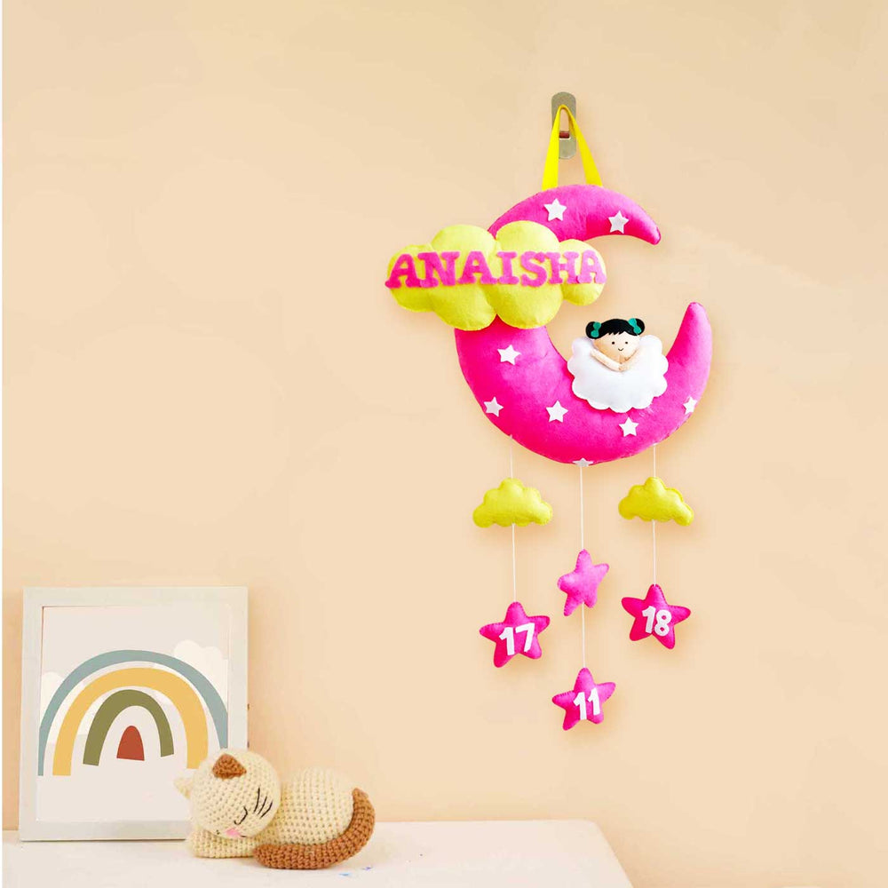 Personalized Moon Theme Felt Kids Name Plate - Hanging Wall Decoration Front View