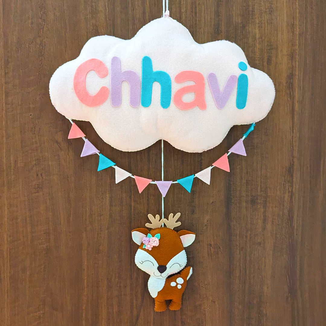 Personalized Handmade Cloud & Reindeer Theme Felt Kids Name Plate