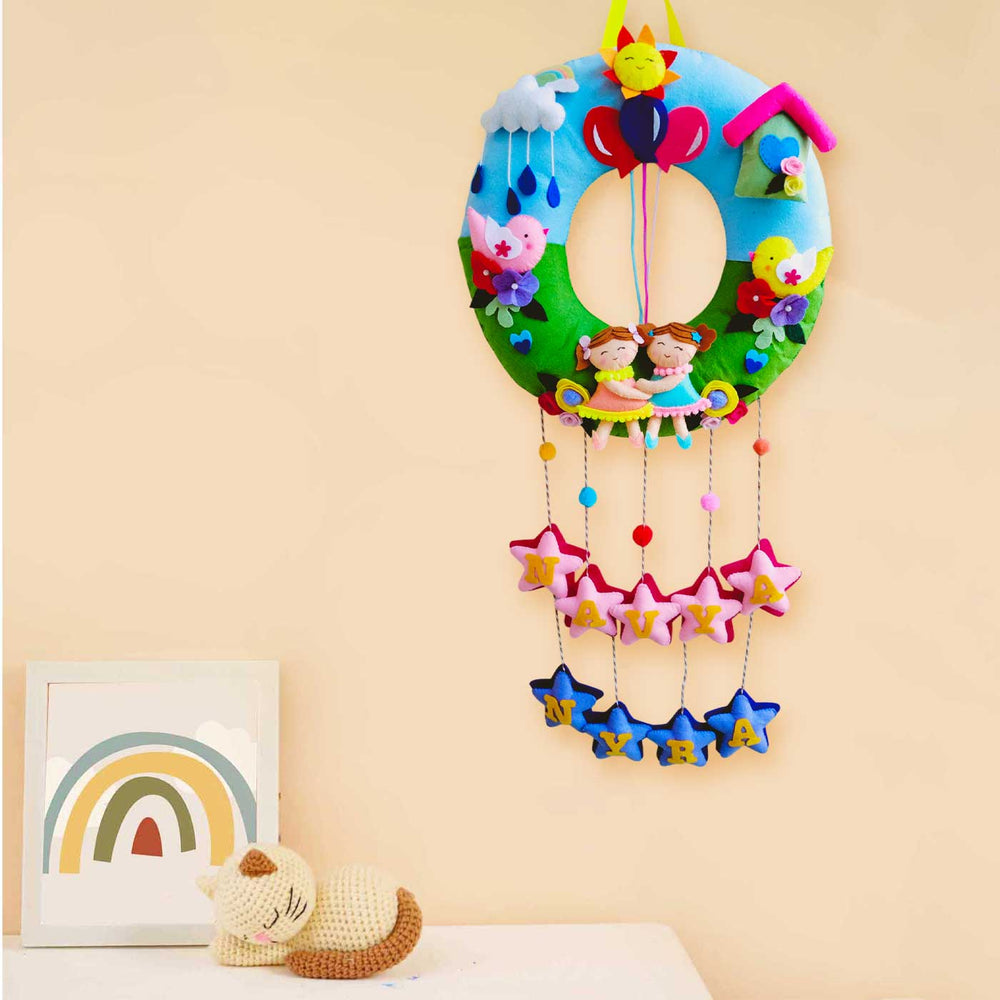 Personalized Multicolour Birds Theme Felt Kids Name Plate For Siblings - Hanging Wall Decoration View