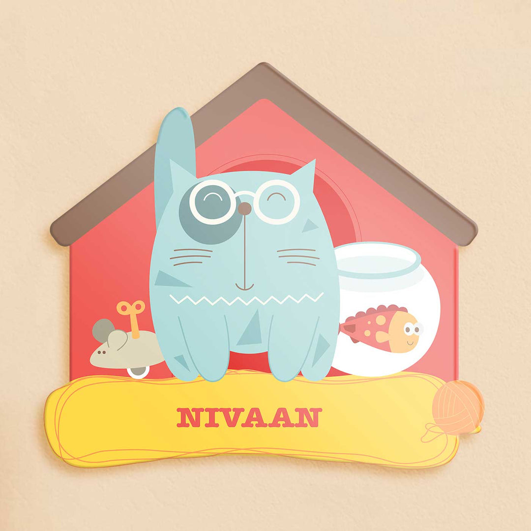 Personalized Kitty Cat Theme Acrylic Kids Name Plate - Front View with Name Personalization