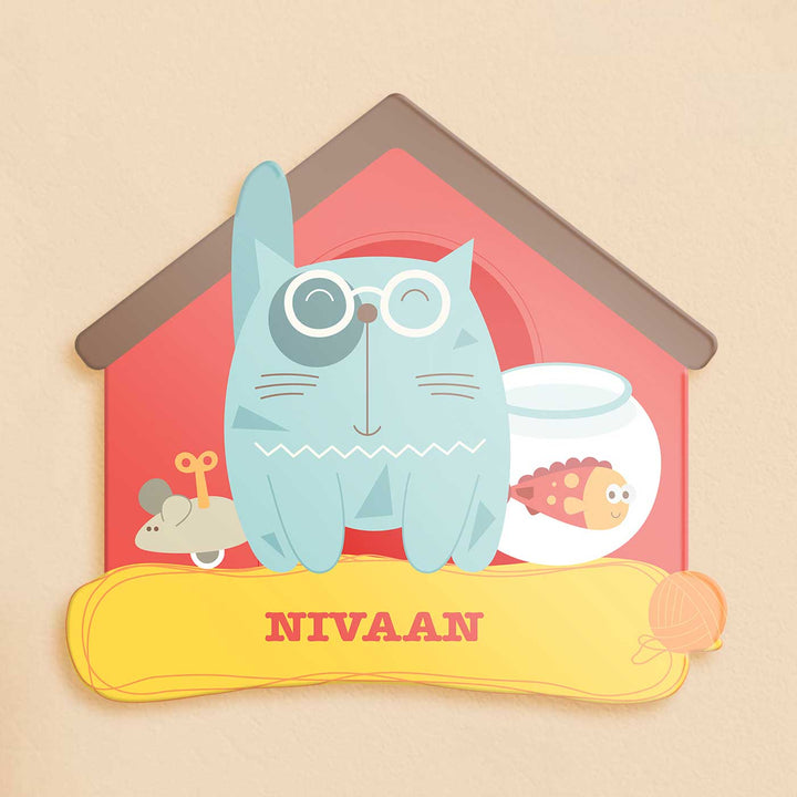 Personalized Kitty Cat Theme Acrylic Kids Name Plate - Front View with Name Personalization