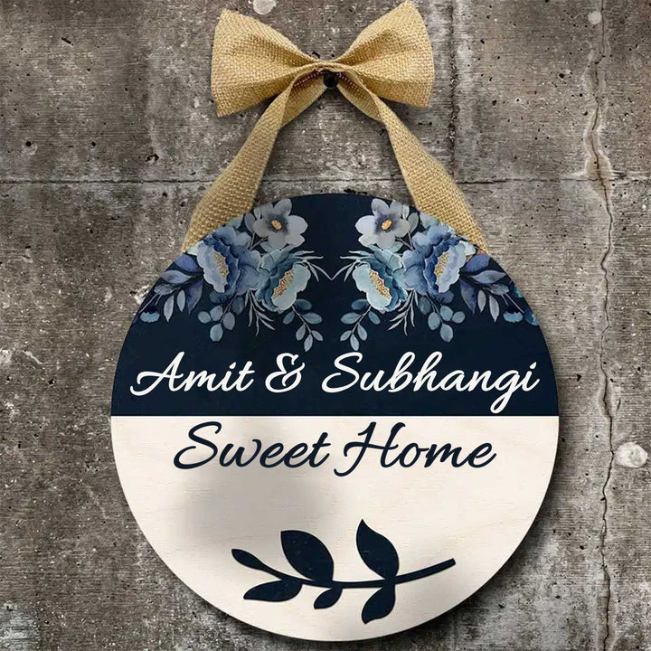 Printed Floral Wooden Round Nameplate For Couples With Bow - Hanging Display with Bow Ribbon