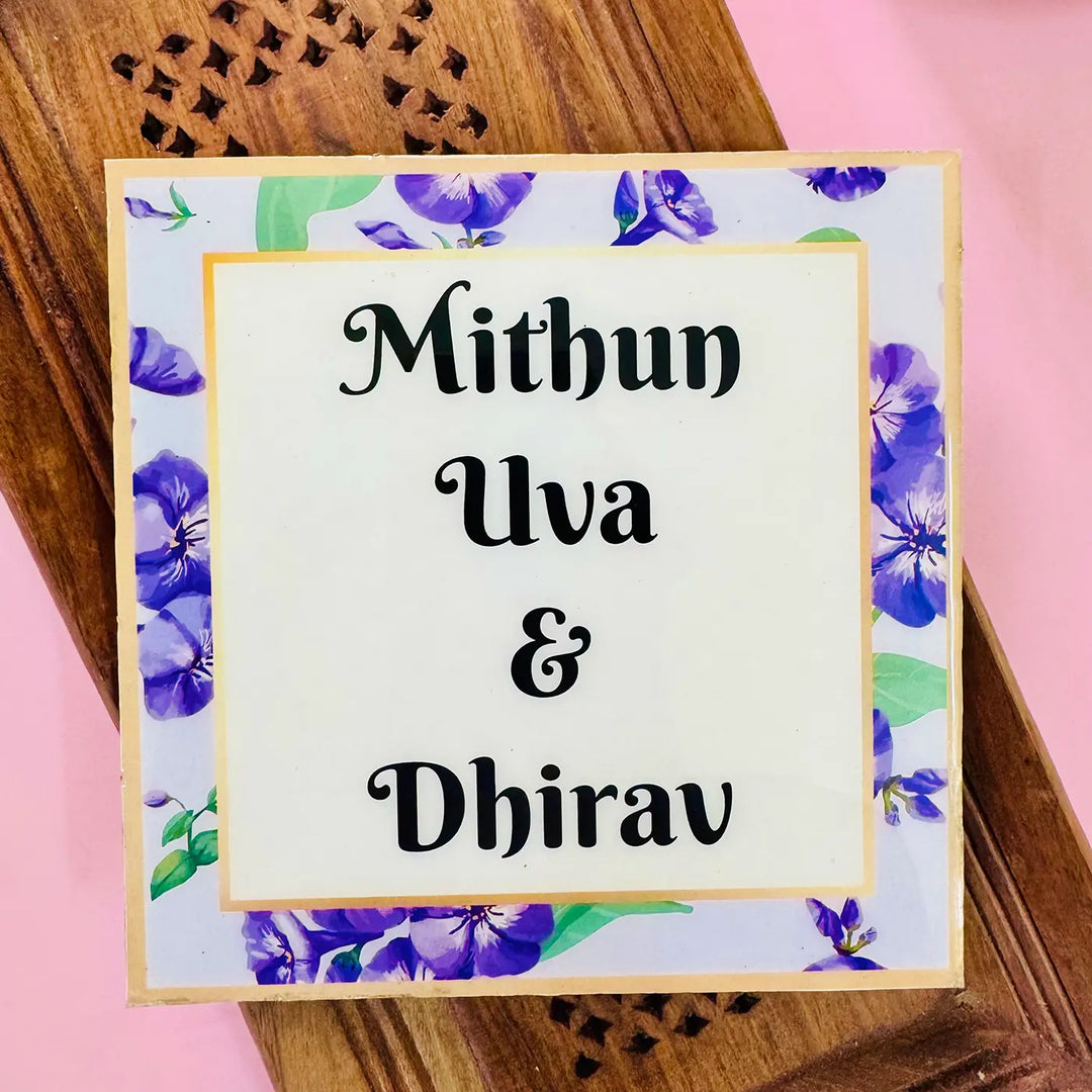 Blue Botanical Personalized Printed Square Resin Name Plate