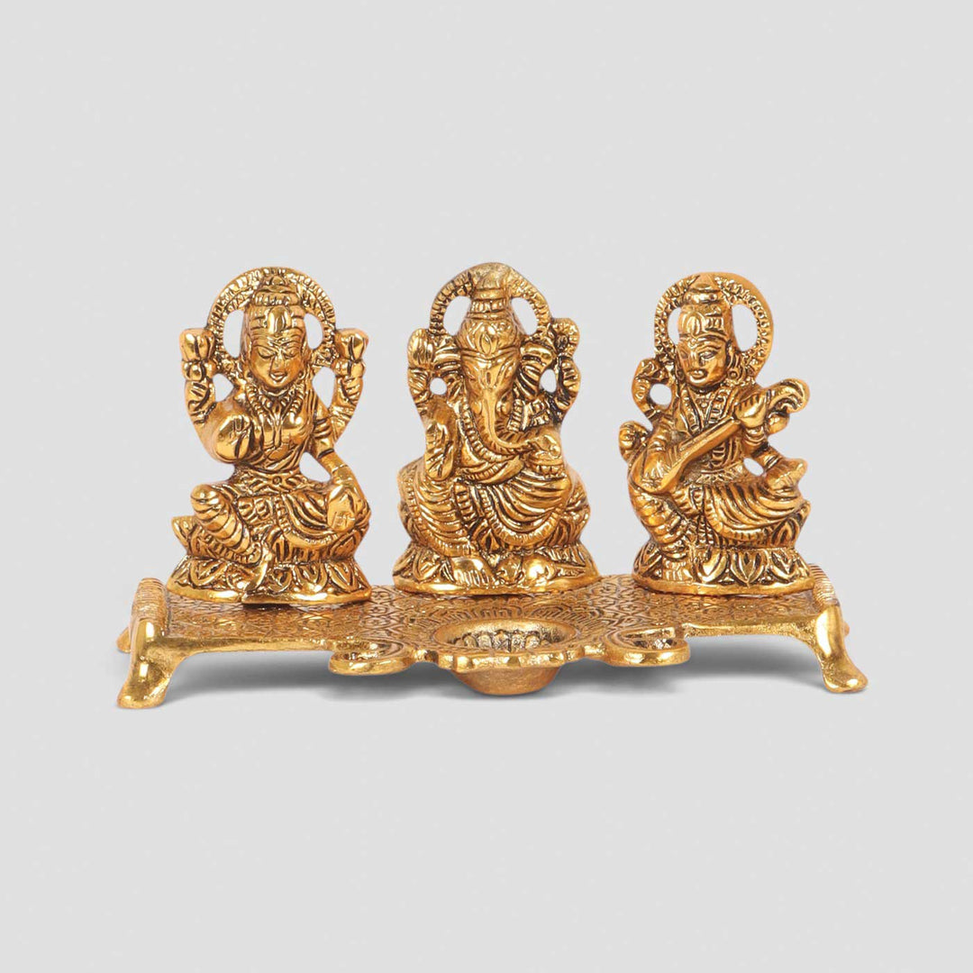 Handmade Lakshmi Ganesh Saraswati Aluminium Oil Lamp / Diya For Pooja Decor