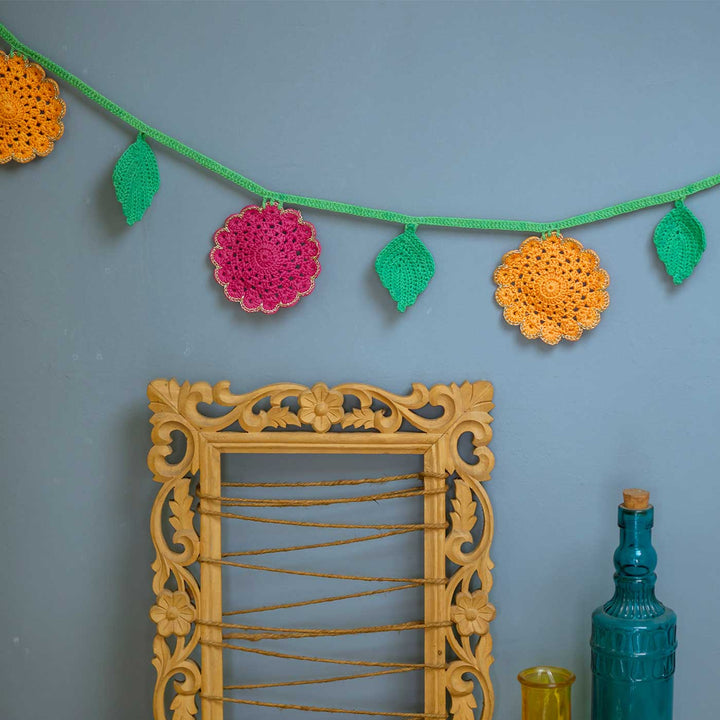 Handmade Crochet Flower Themed Cotton Bunting - Front View Hanging on Wall