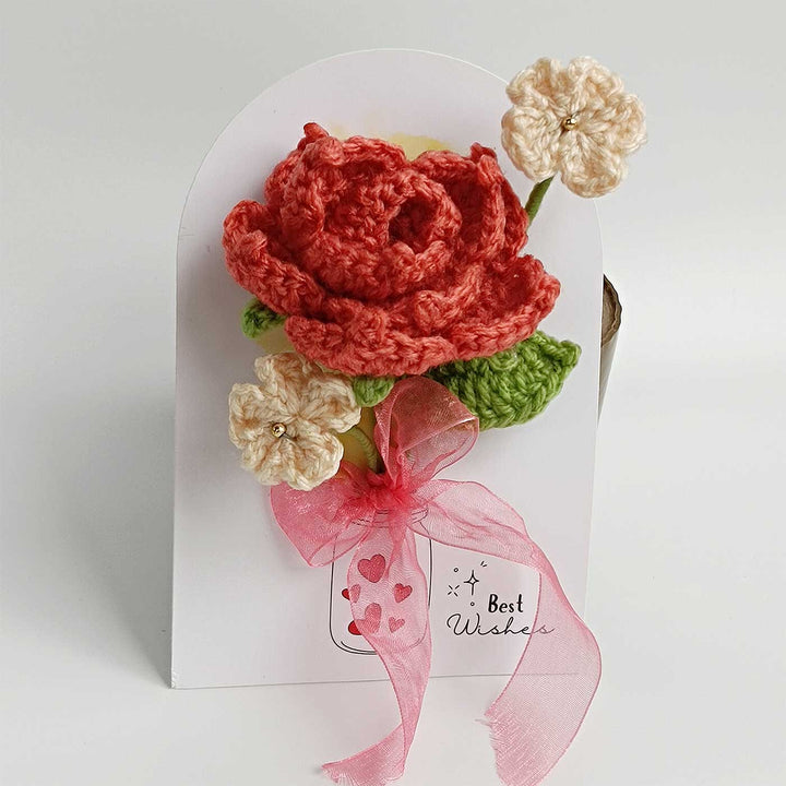 Handmade Crochet 3D Red Rose Greeting Card
